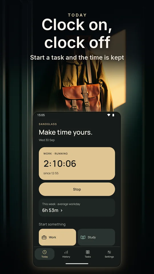 Clock on, clock off. Start a task and the time is kept.