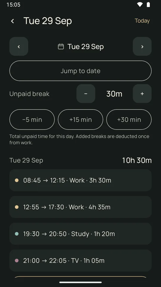 Tuesday 29 September: 10h 30m, the unpaid break, and each entry with its start, end, task and length