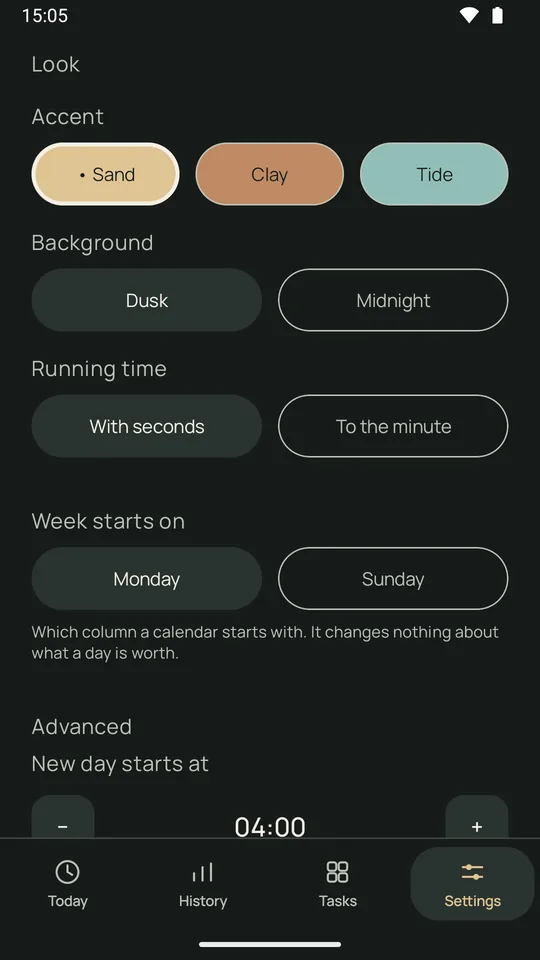 Settings, Look: the Sand, Clay and Tide accents, Dusk and Midnight backgrounds, running time with seconds or to the minute, and the week start