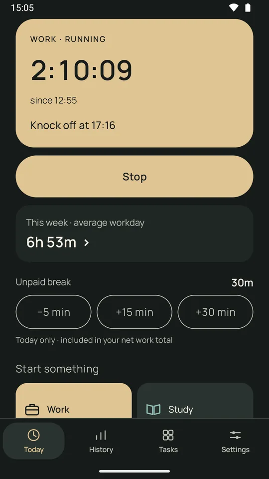 Today: Work running at 2:10:09 since 12:55 with a knock-off time of 17:16, a Stop button, this week's average workday of 6h 53m, unpaid break buttons and the task tiles