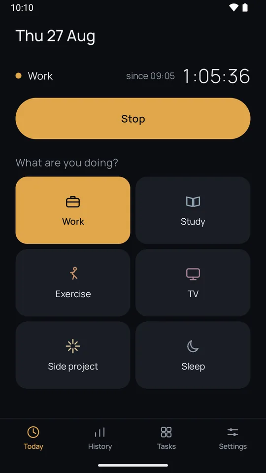 Sandglass on Thu 27 Aug: Work running since 09:05 at 1:05:36, a full-width Stop under it, and the task grid with Work, Study, Exercise, TV, Side project and Sleep